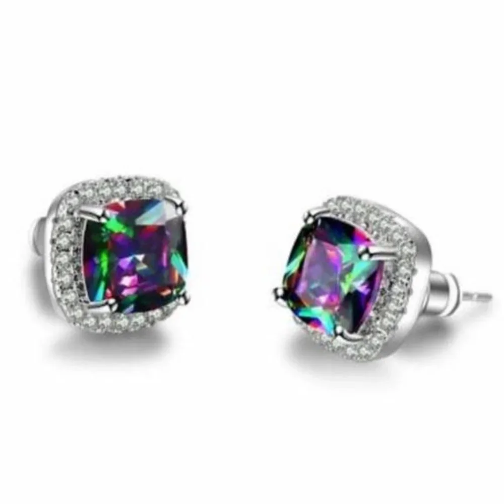 RAINBOW MYSTIC TOPAZ DIAMOND HALO STUD EARRINGS - Picture 3 of 4